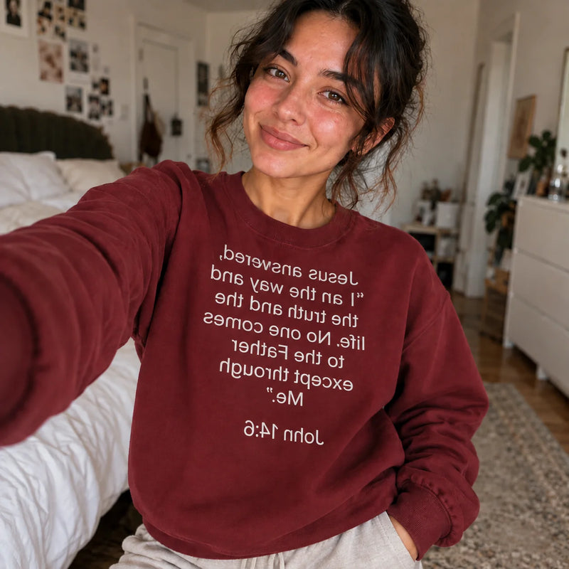 Customer wearing a Mirror Scripture tee