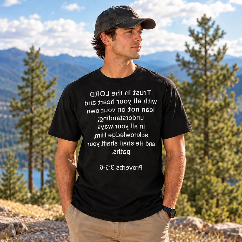 Customer wearing a Mirror Scripture tee