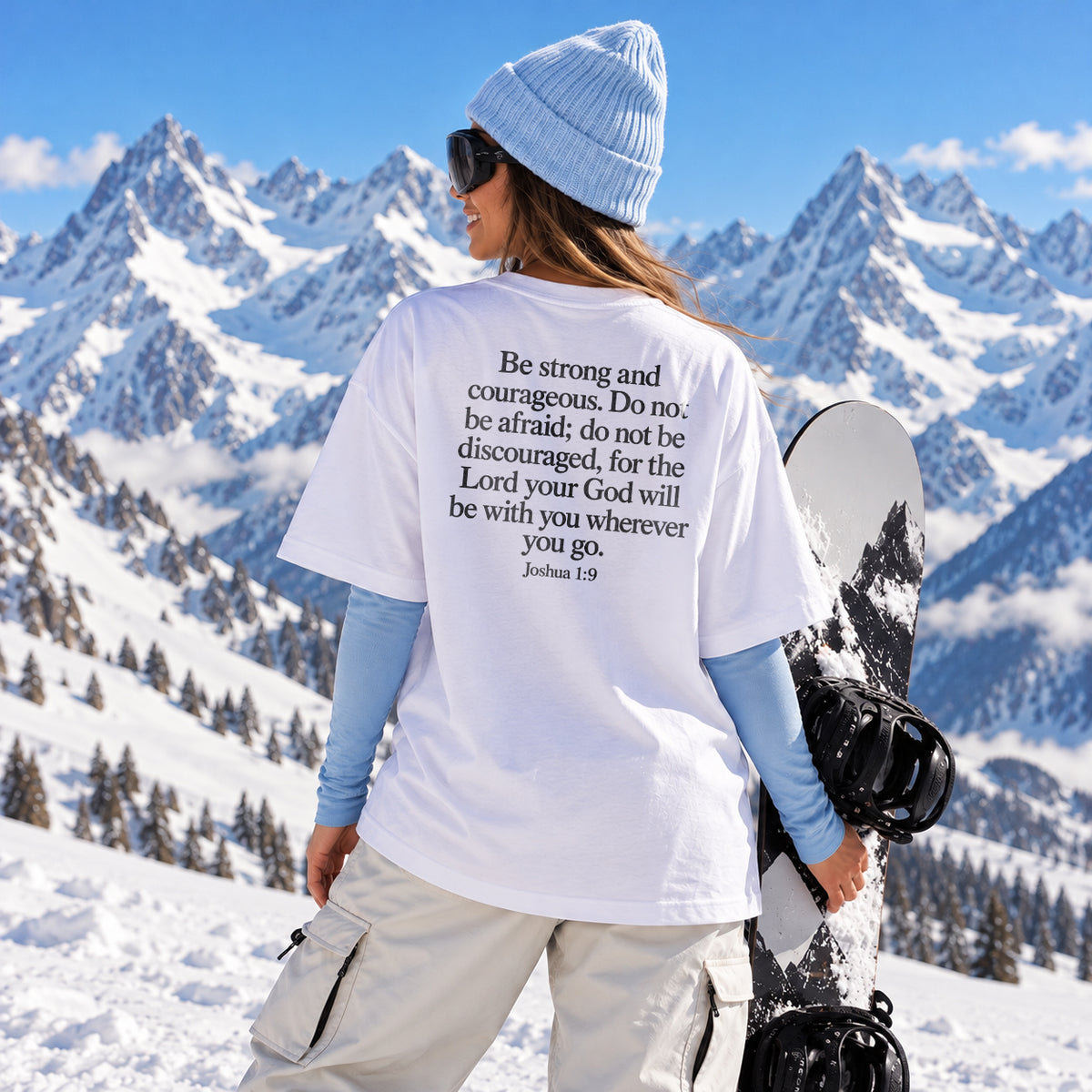 White Joshua 1:9 Christian T-shirt from Mirror Scripture Tees featuring a Bible verse print on the back, modeled by a woman holding a snowboard in a snowy mountain setting.