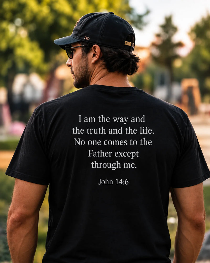 Customer wearing a Mirror Scripture tee