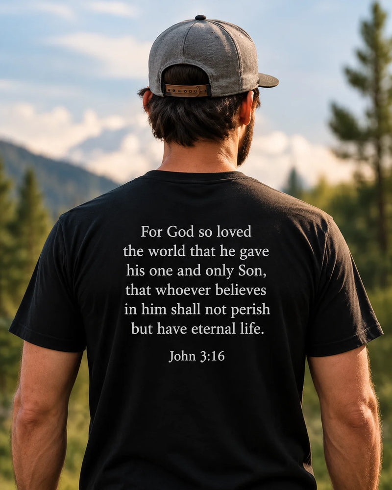 Customer wearing a Mirror Scripture tee