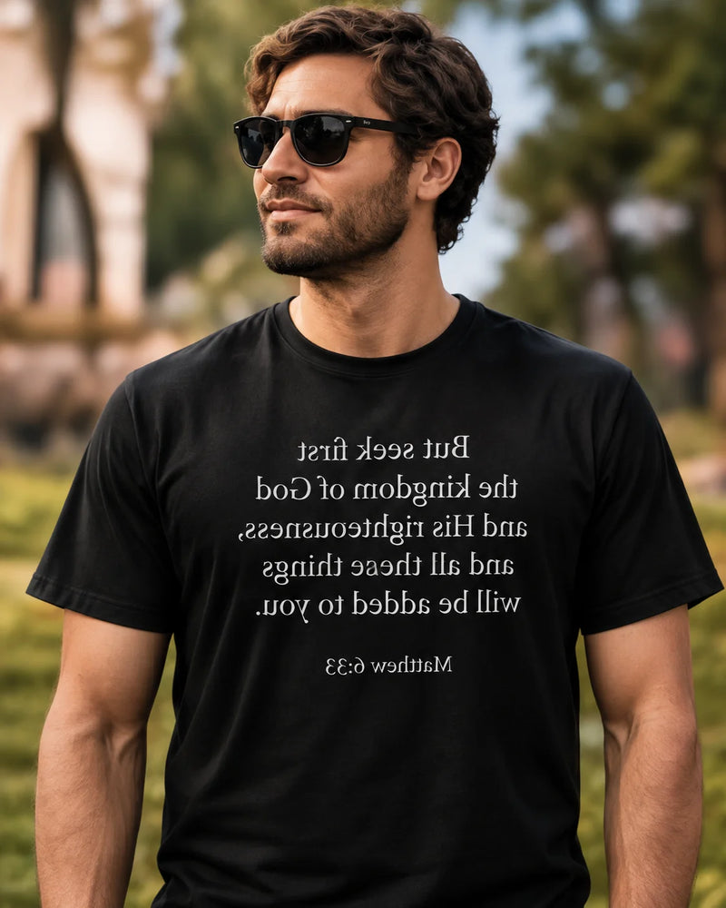 Customer wearing a Mirror Scripture tee