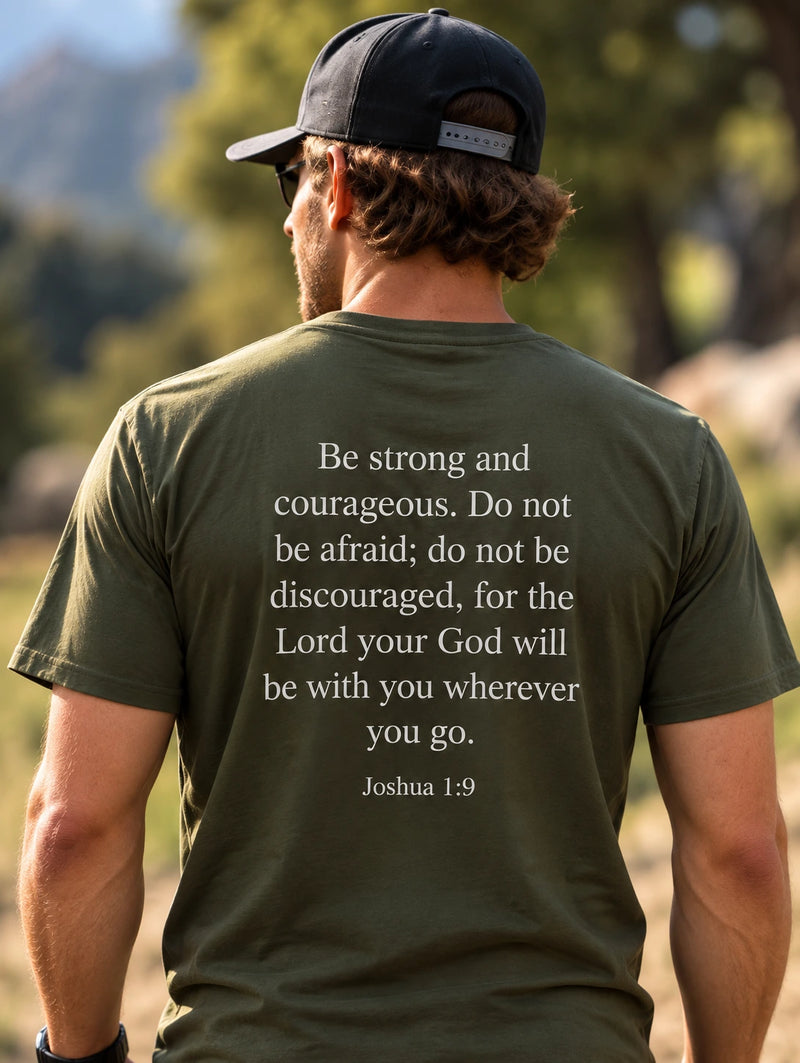 Customer wearing a Mirror Scripture tee